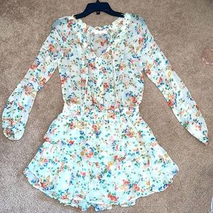 Loveshackfancy sheer long sleeve cream floral tiered dress with tie neck XS